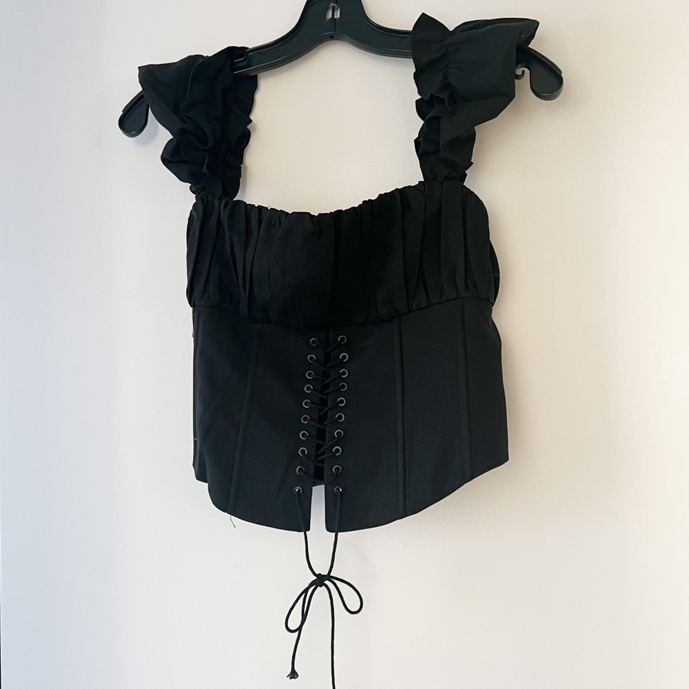 UNWORN. Princess Polly tie corset black mini bustier crop top zip large 12